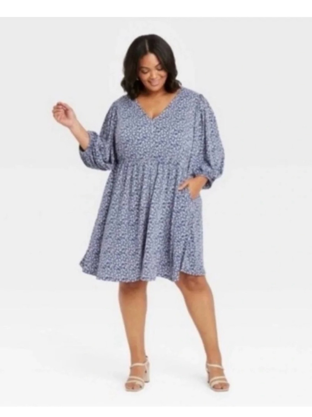 Ava & Viv Babydoll A-Line Dress Button-Front Ballon Sleeves Blue Floral 2X NWT